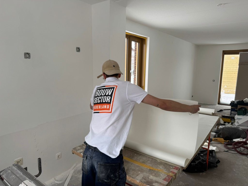 Behanger van Bouwsector Nederland rolt een baan vlies uit op de plaktafel in een nieuwbouwwoning met kale wanden