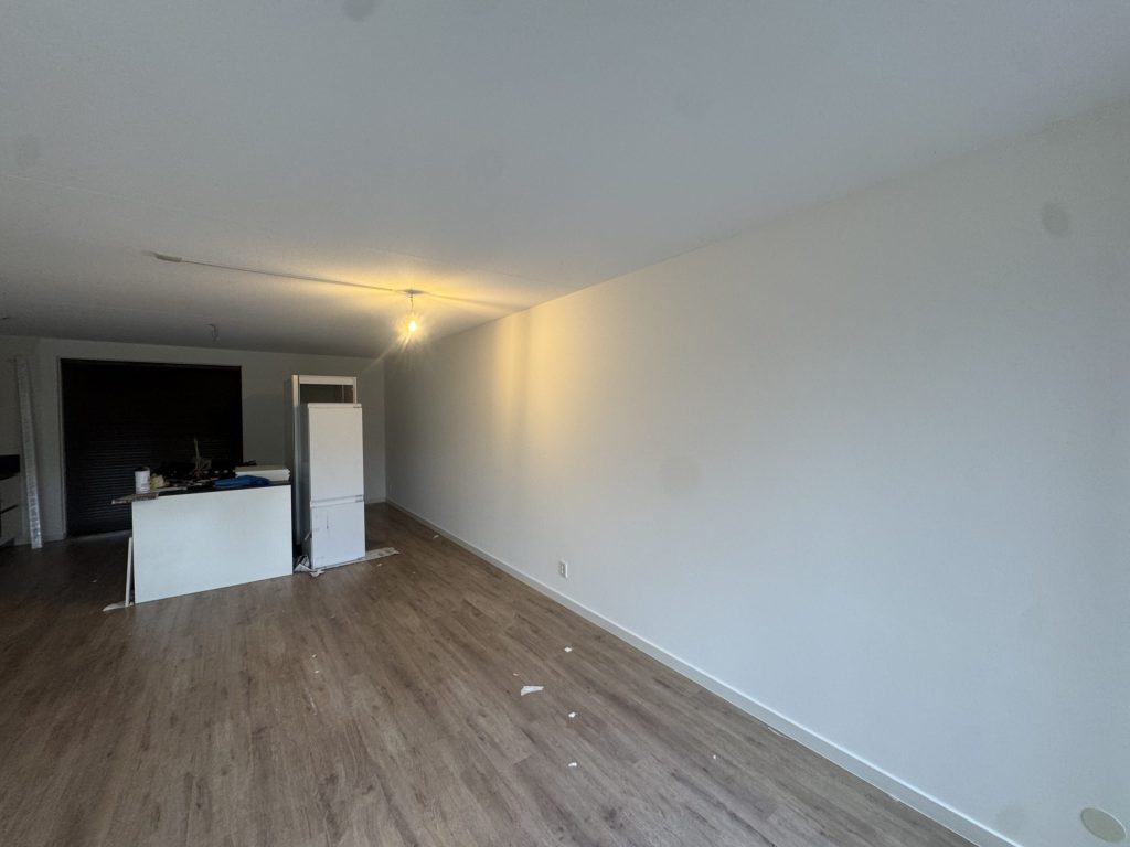 Leeg appartement met een open keuken, een houten vloer en gladde witte wanden
